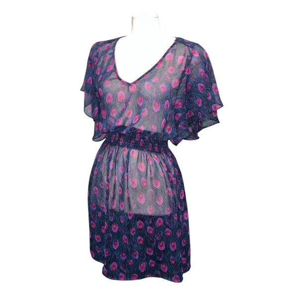 As U Wish Womens Sheer Peacock Feather Print Swim Cover Dress Sz Large V-Neck Fl - Picture 2 of 12